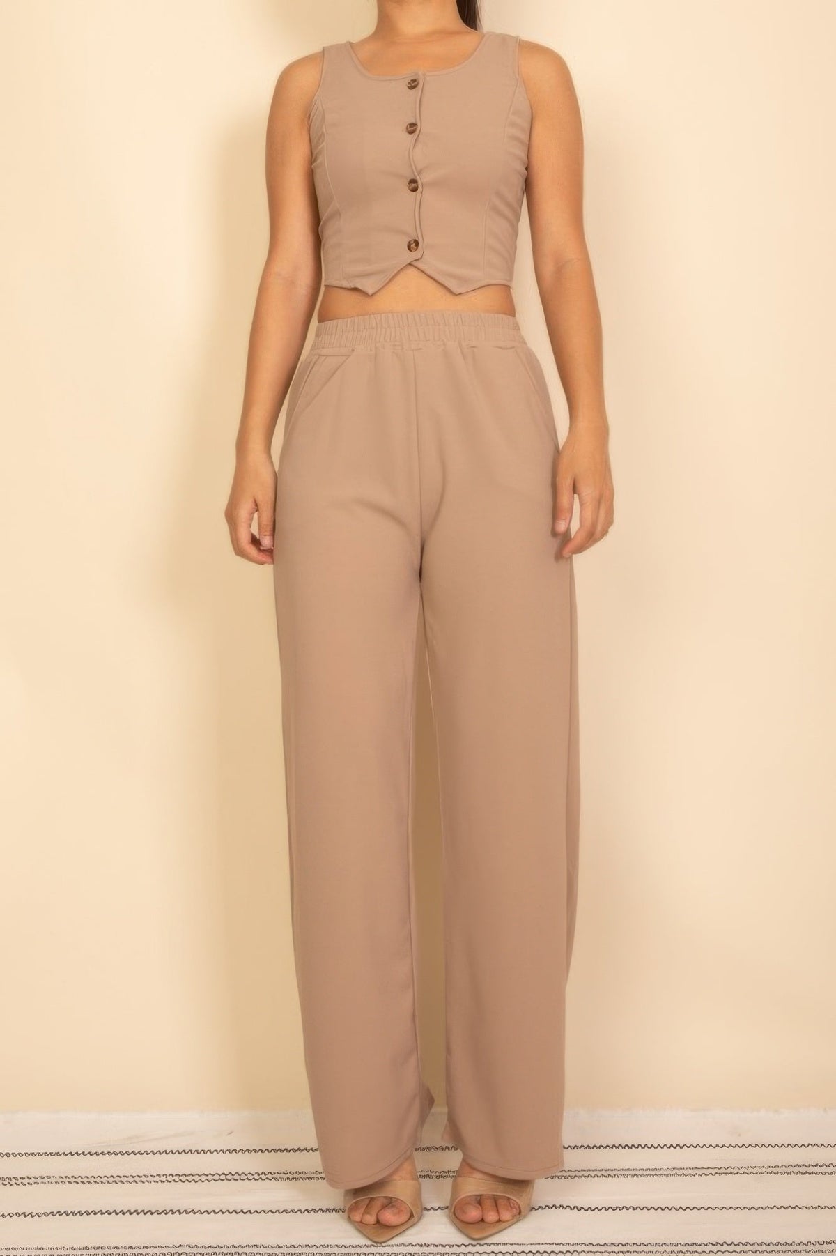 Scoop Neck Button Vest &amp; Wide Leg Pants Set