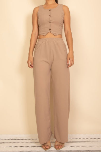 Scoop Neck Button Vest &amp; Wide Leg Pants Set