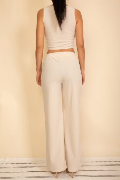 Scoop Neck Button Vest &amp; Wide Leg Pants Set