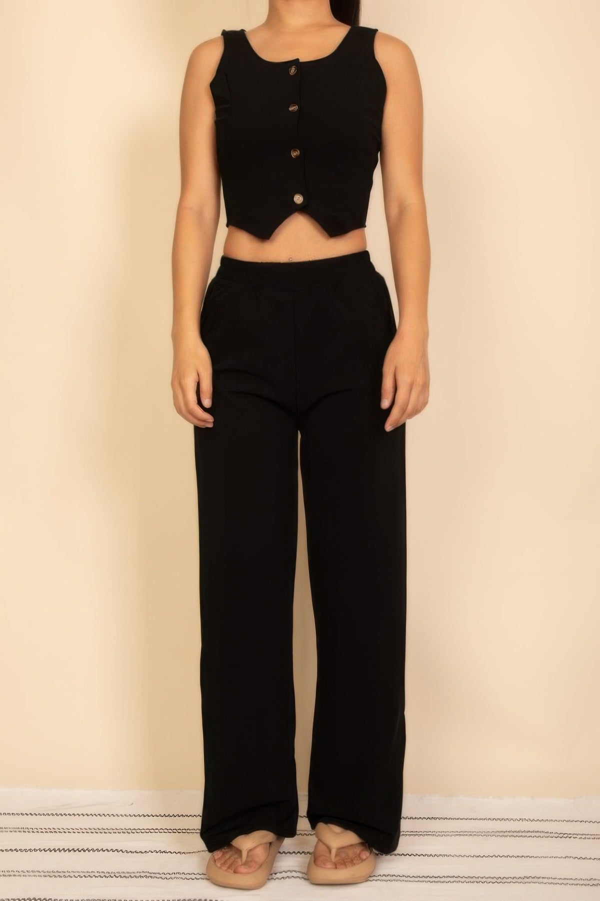 Scoop Neck Button Vest &amp; Wide Leg Pants Set