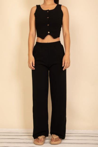 Scoop Neck Button Vest &amp; Wide Leg Pants Set