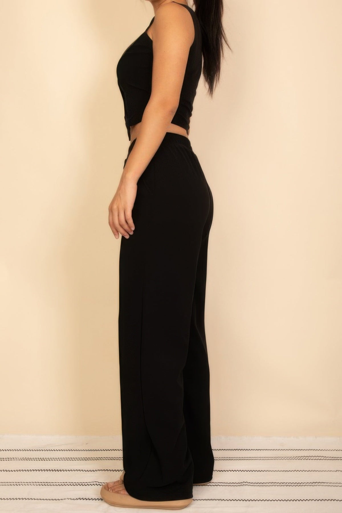Scoop Neck Button Vest &amp; Wide Leg Pants Set