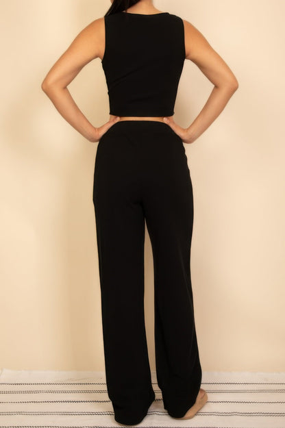 Scoop Neck Button Vest &amp; Wide Leg Pants Set