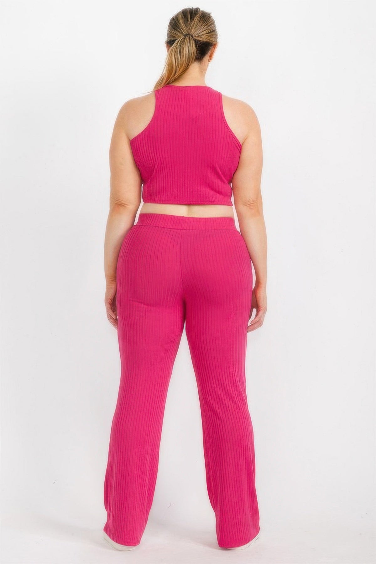 Plus Ribbed Cropped Top And Bootcut Pants Sets