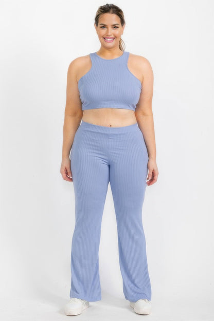 Plus Ribbed Cropped Top And Bootcut Pants Sets