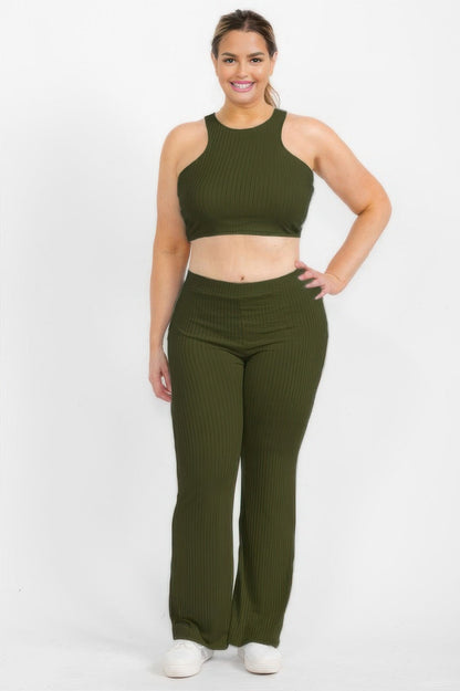 Plus Ribbed Cropped Top And Bootcut Pants Sets