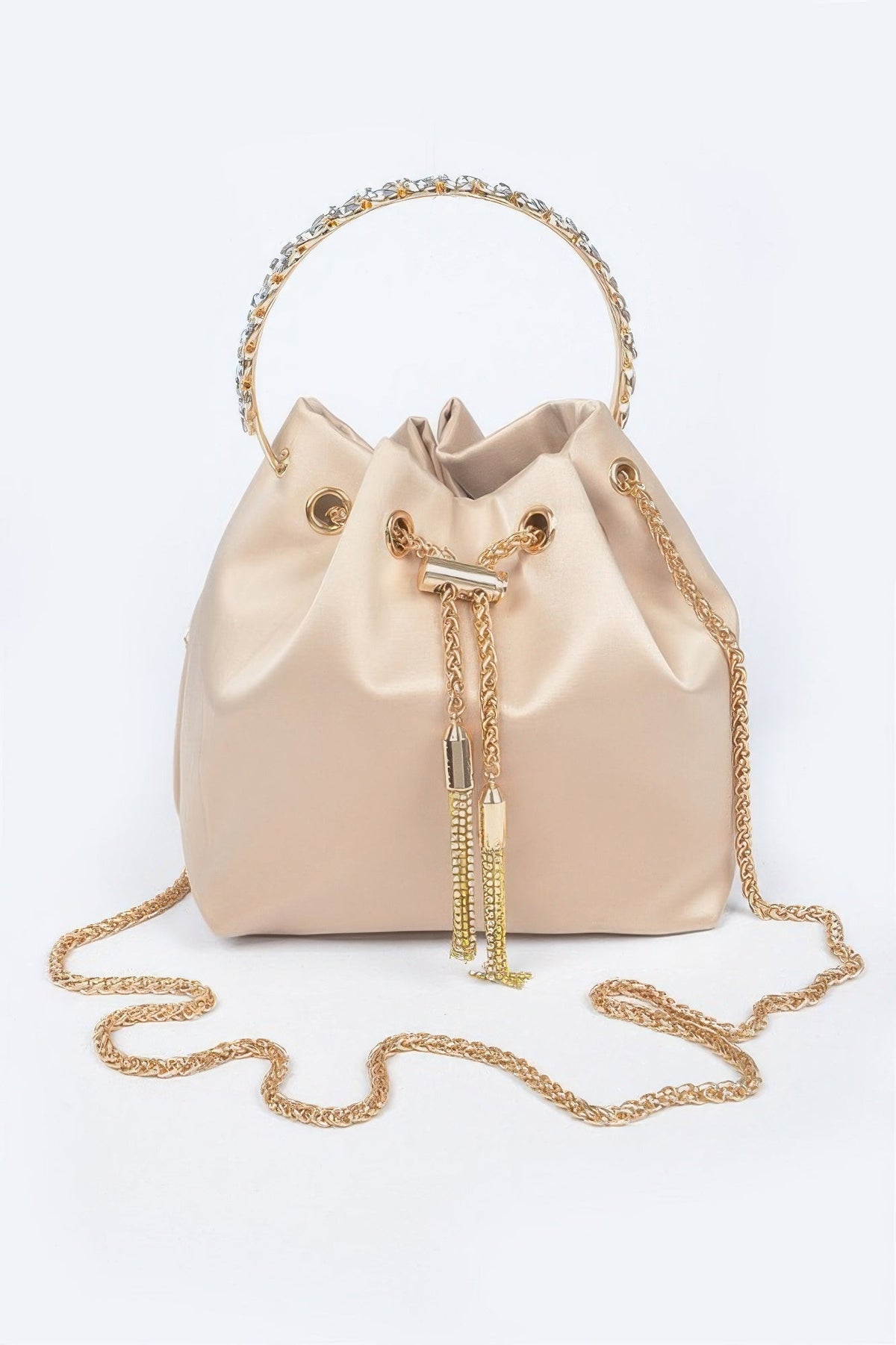 Rhinestone Top Handle Satin Bucket Bag