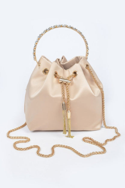 Rhinestone Top Handle Satin Bucket Bag