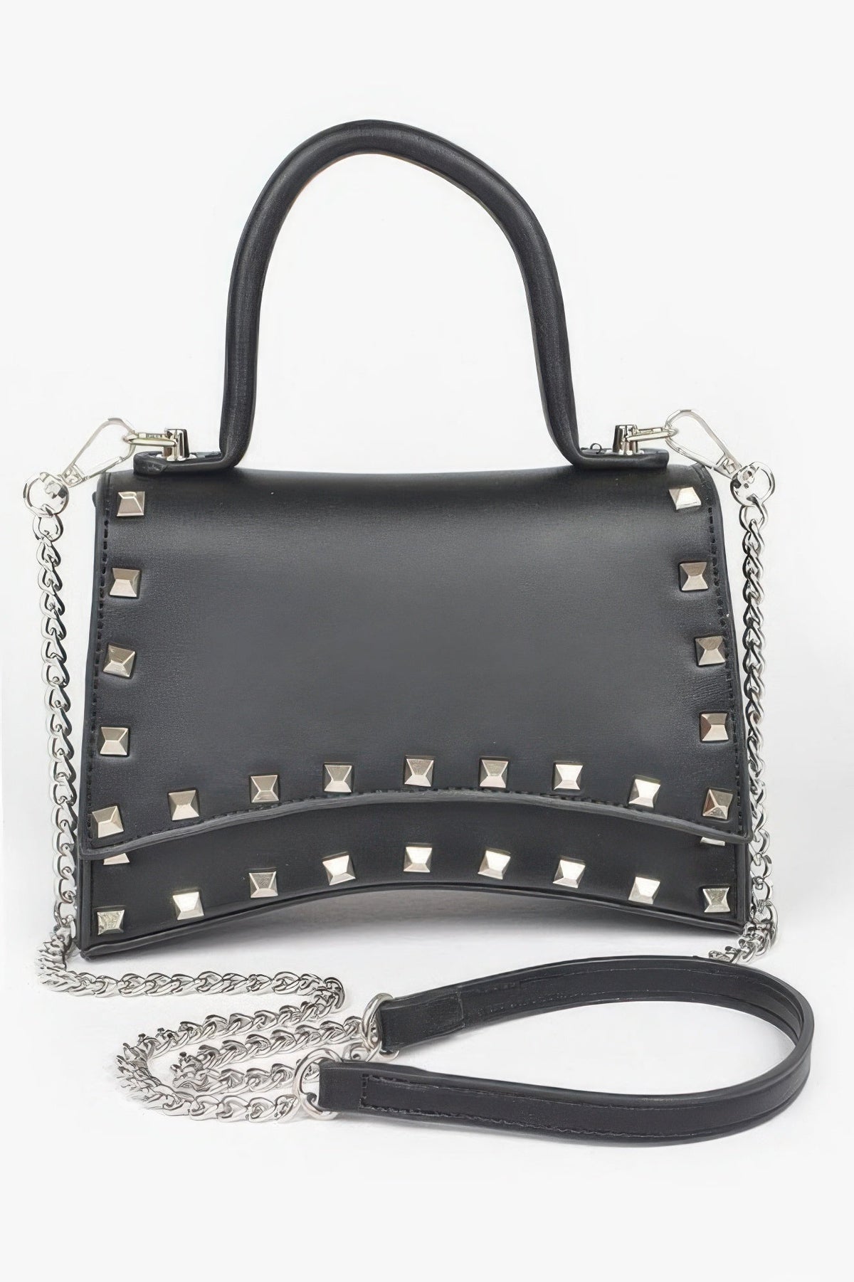 Metallic Faux Leather Studded Top Handle Clutch