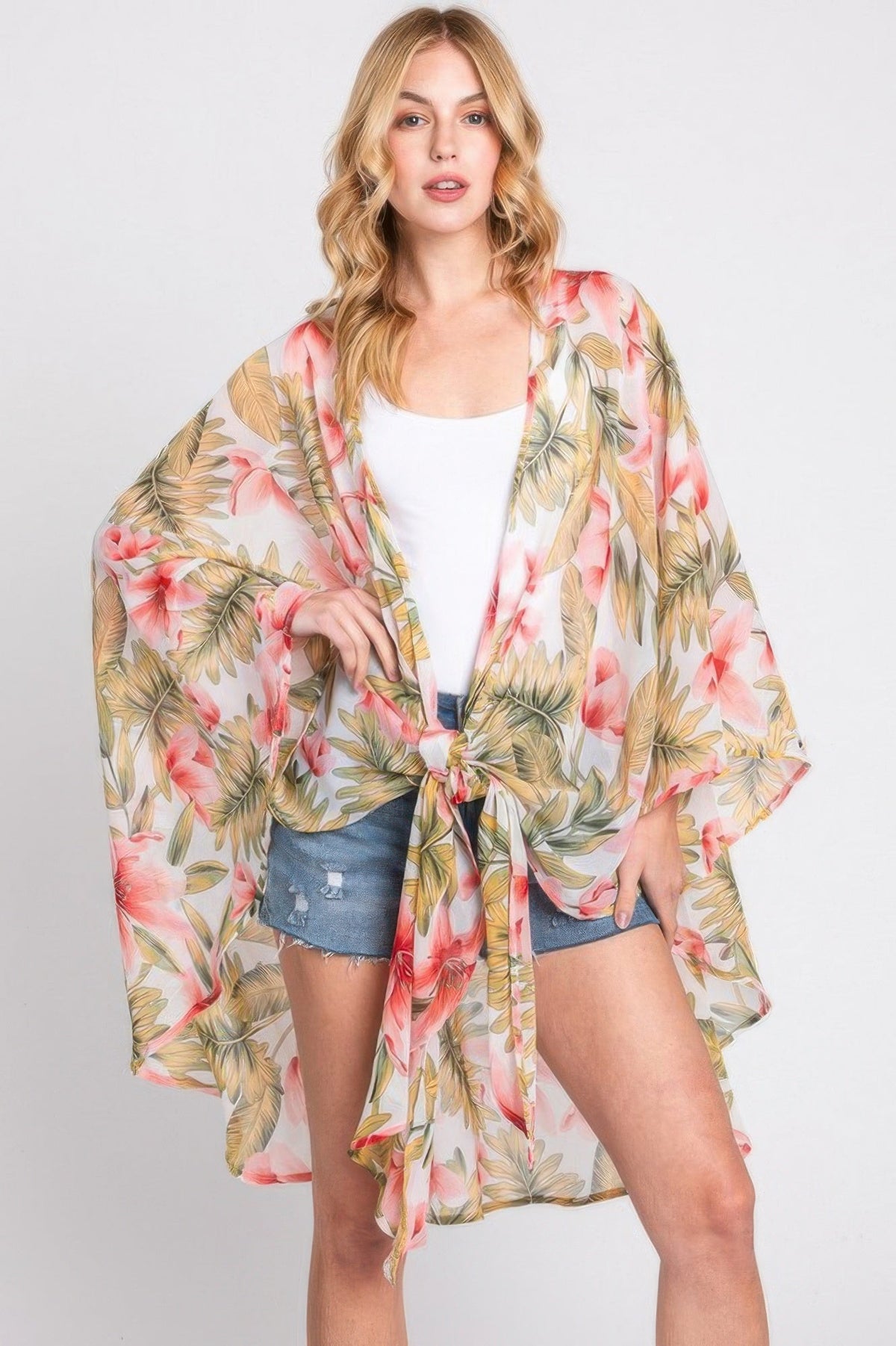 Tropical Flower Leaves Print Shawl Cover-up