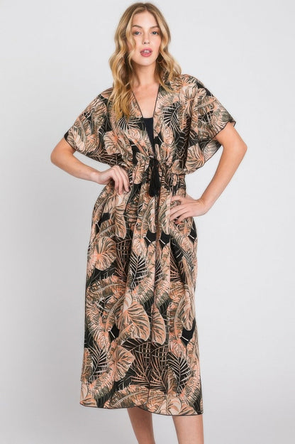 Tropical Leaves Print Self-tie Drawstring Cover Up