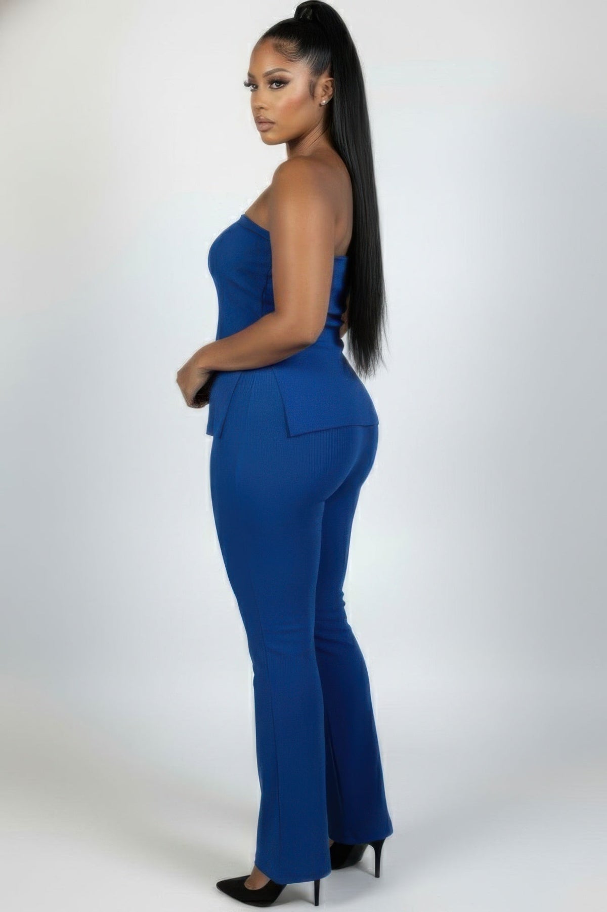 Ultra-fine Ribbed Slit Tube Top &amp; High-waist Flare Pants Set