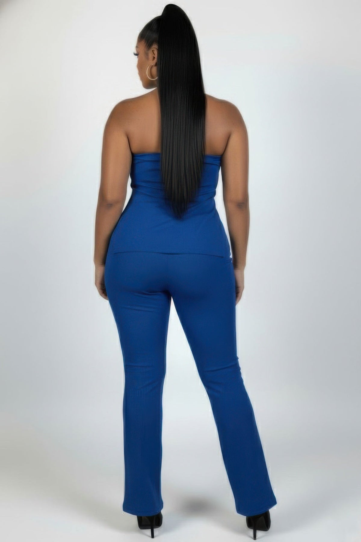 Ultra-fine Ribbed Slit Tube Top &amp; High-waist Flare Pants Set