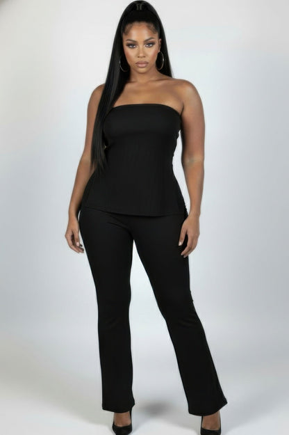 Ultra-fine Ribbed Slit Tube Top &amp; High-waist Flare Pants Set