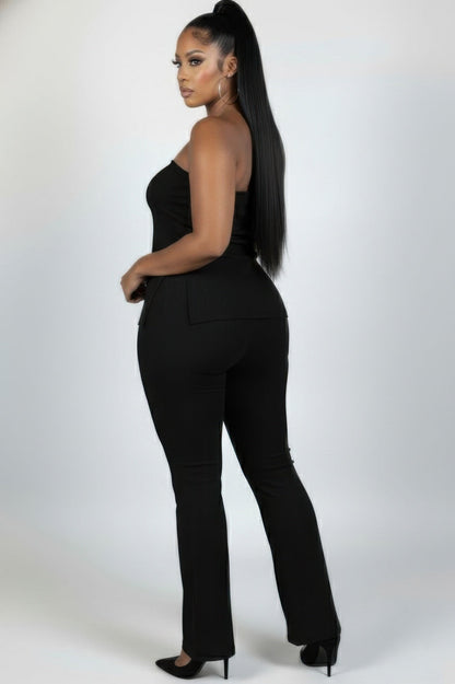 Ultra-fine Ribbed Slit Tube Top &amp; High-waist Flare Pants Set