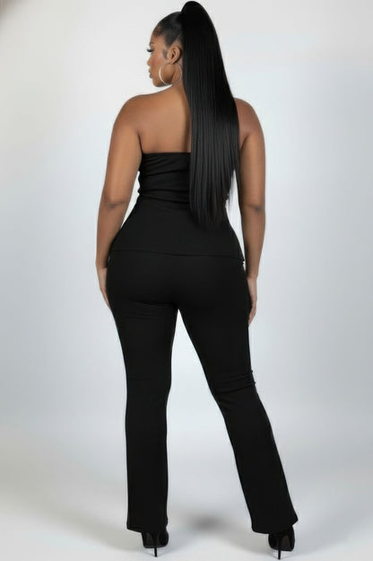 Plus Size Ultra-fine Ribbed Slit Tube Top &amp; High-waist Flare Pants Set