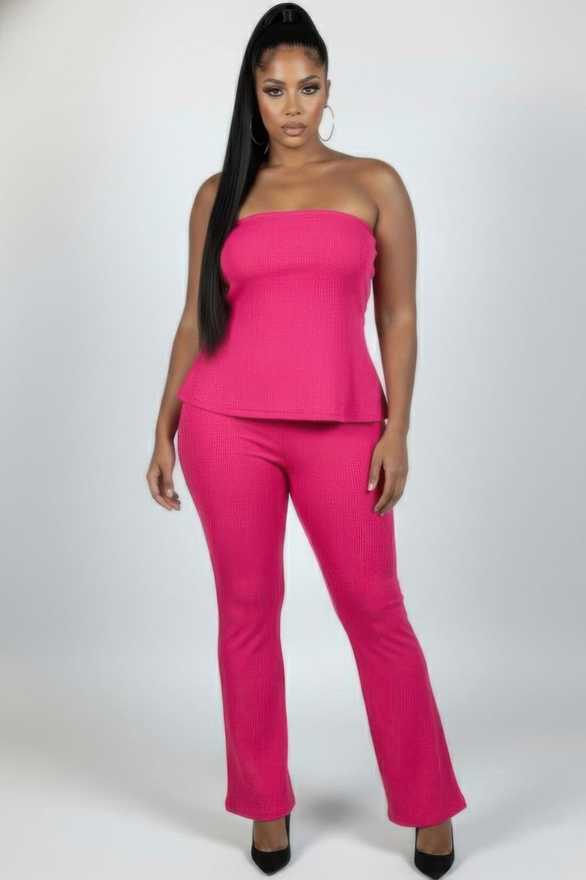 Plus Size Ultra-fine Ribbed Slit Tube Top &amp; High-waist Flare Pants Set