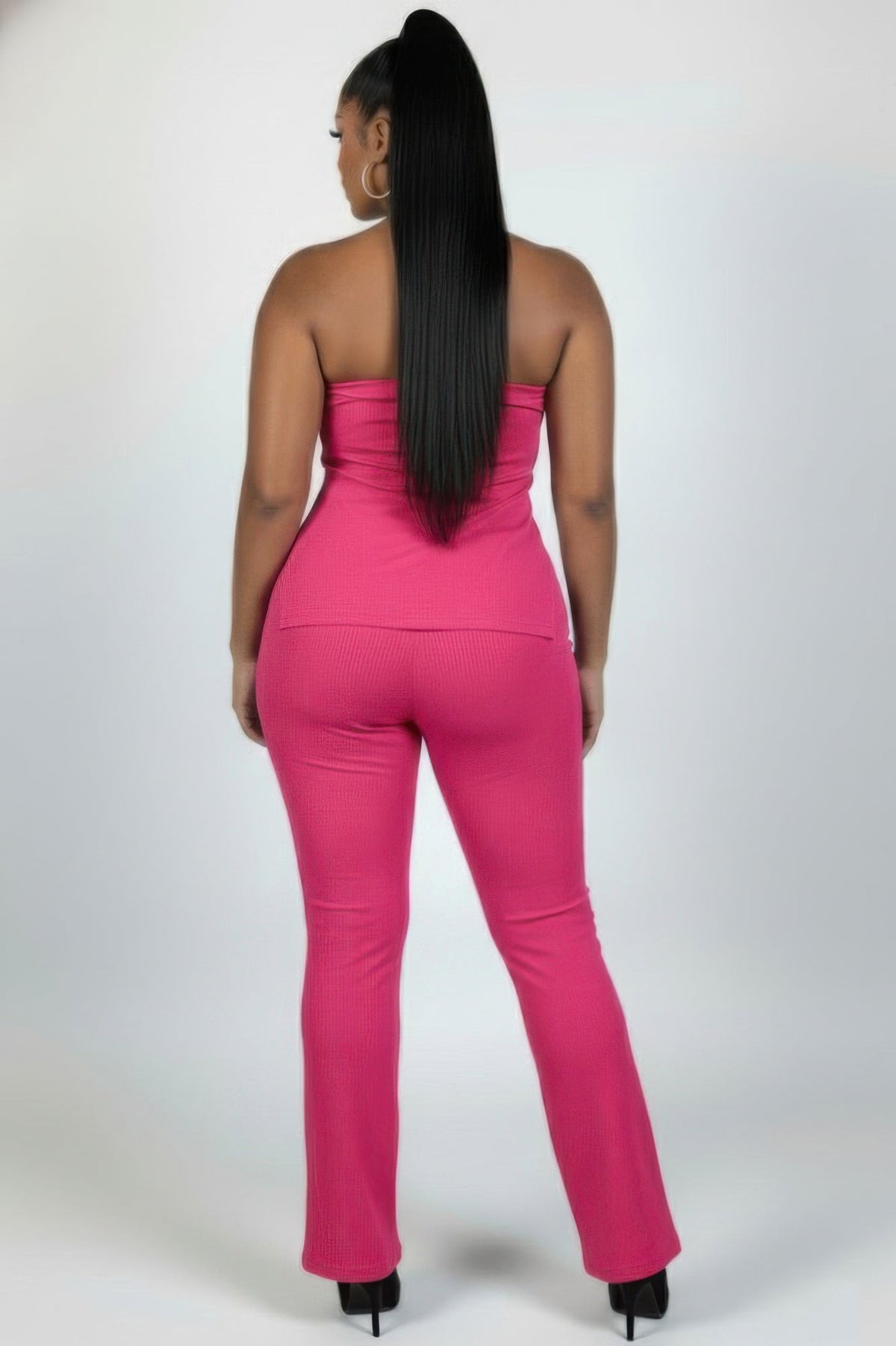 Plus Size Ultra-fine Ribbed Slit Tube Top &amp; High-waist Flare Pants Set