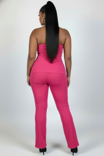 Plus Size Ultra-fine Ribbed Slit Tube Top &amp; High-waist Flare Pants Set