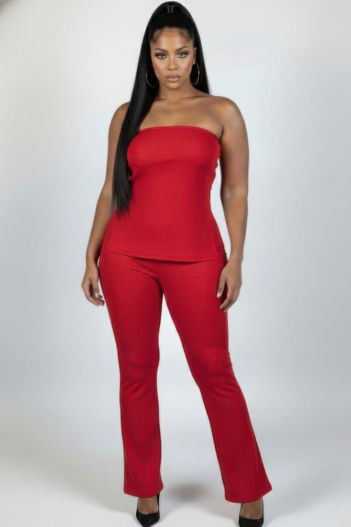 Ultra-fine Ribbed Slit Tube Top &amp; High-waist Flare Pants Set