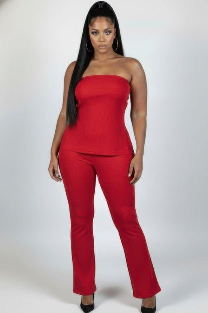 Ultra-fine Ribbed Slit Tube Top &amp; High-waist Flare Pants Set
