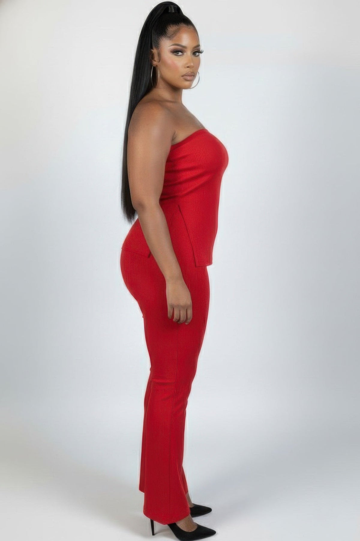 Ultra-fine Ribbed Slit Tube Top &amp; High-waist Flare Pants Set