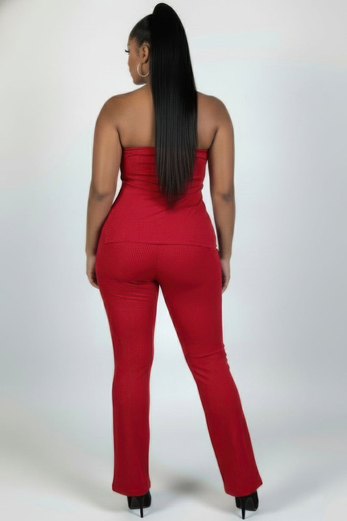 Ultra-fine Ribbed Slit Tube Top &amp; High-waist Flare Pants Set