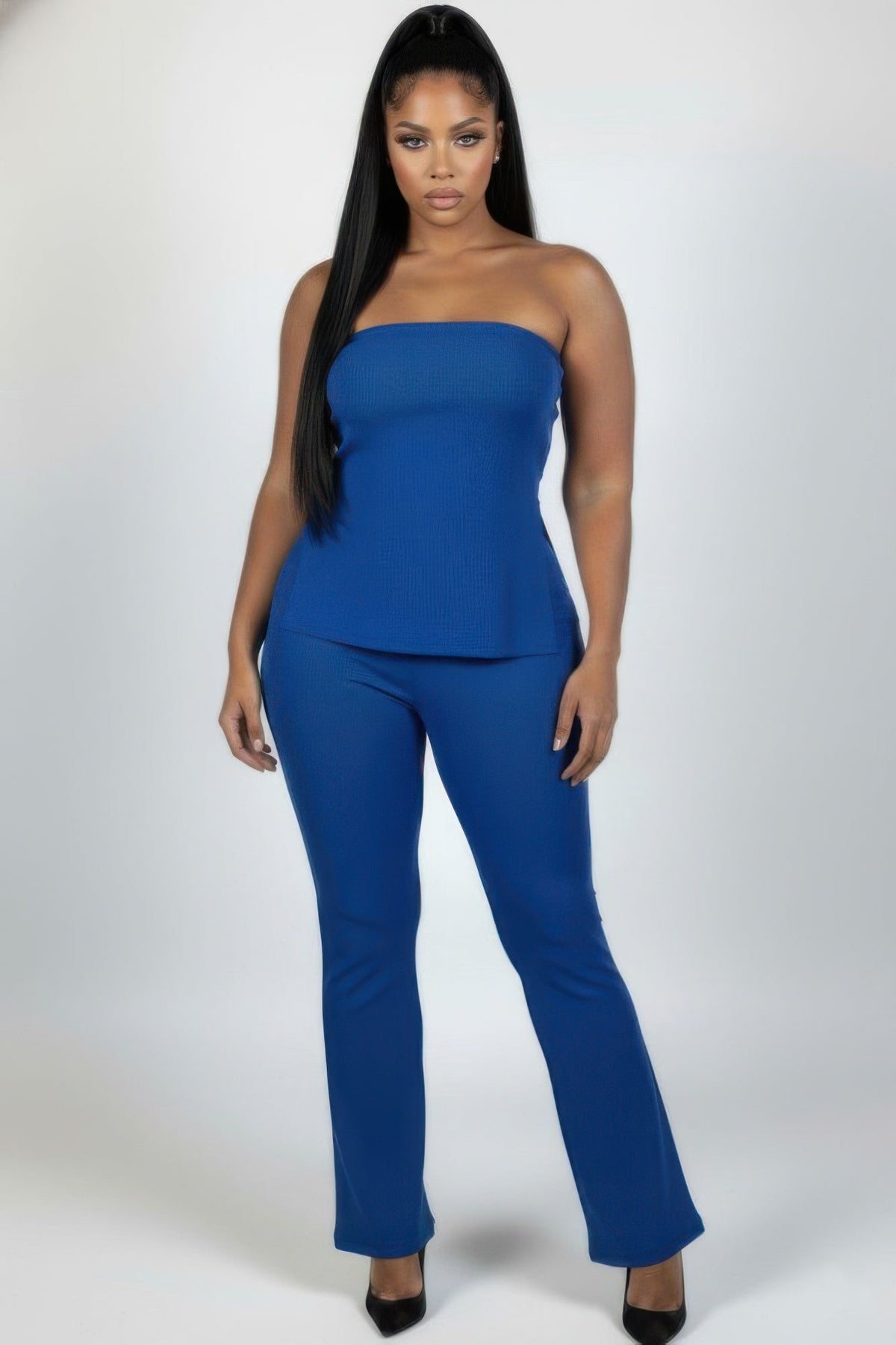 Plus Size Ultra-fine Ribbed Slit Tube Top &amp; High-waist Flare Pants Set