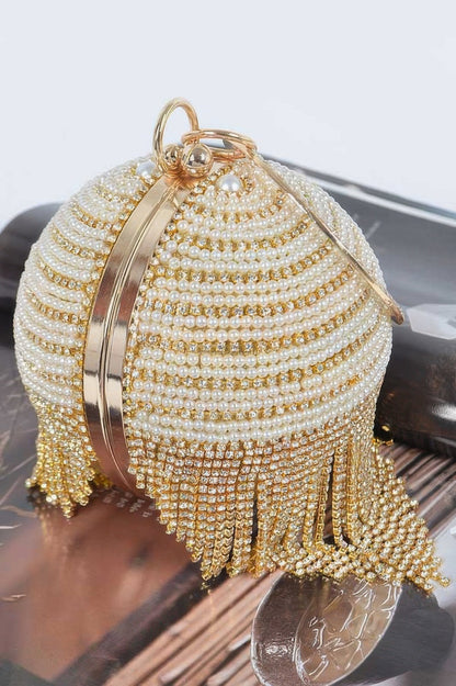 Round Rhinestone Fringe Bag W Faux Pearl