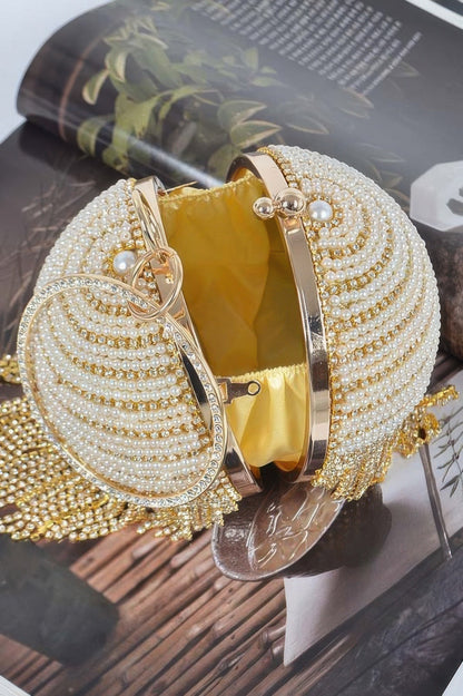 Round Rhinestone Fringe Bag W Faux Pearl
