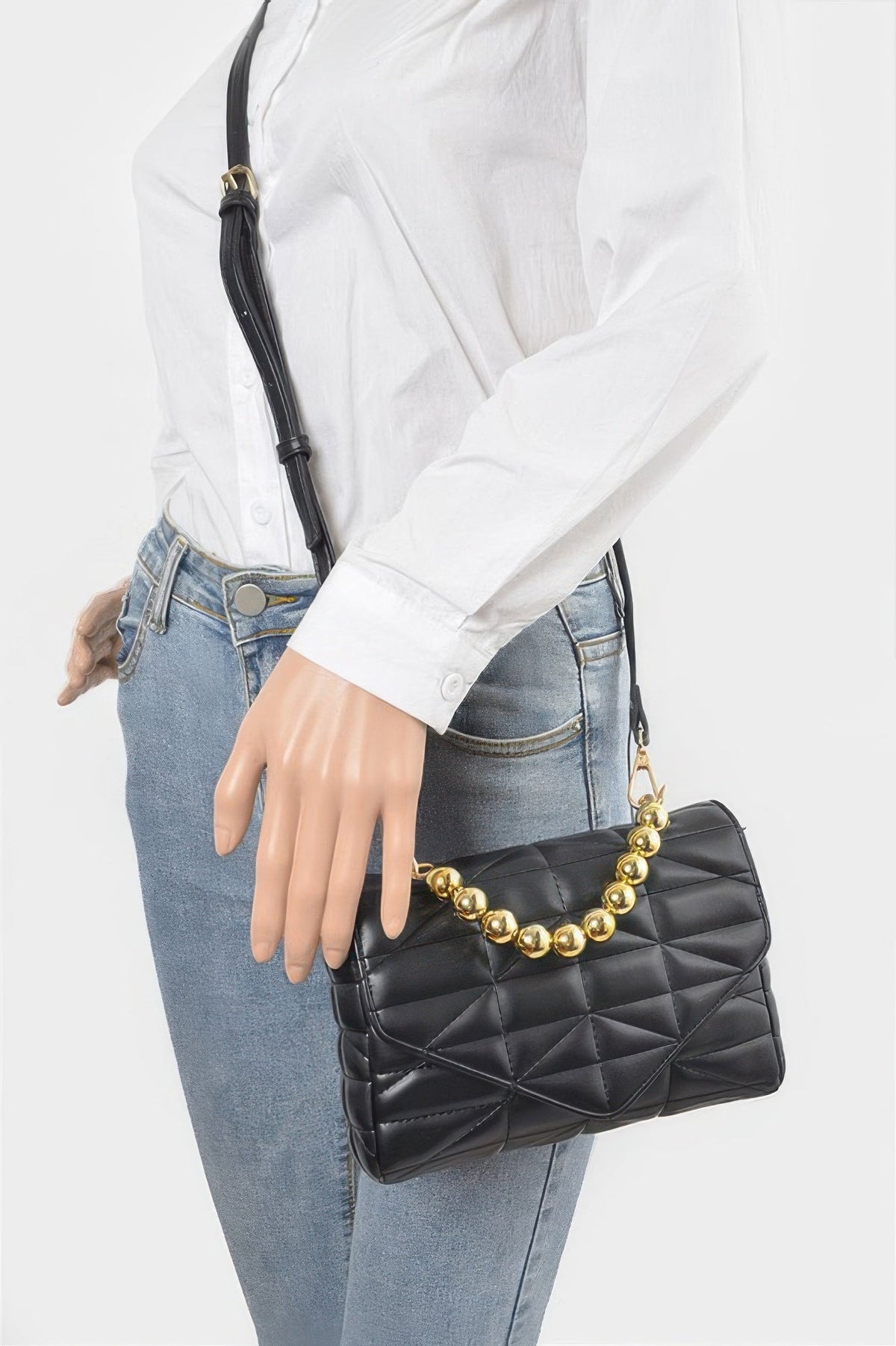 Quilted Faux Leather Flap Ball Chain Bag