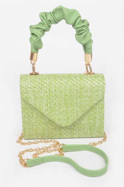 Faux Straw Top Handle Flap Bag