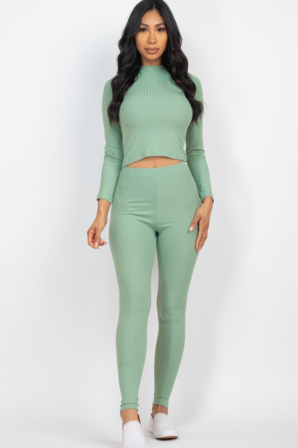 Ribbed Mock Neck Long Sleeve Top &amp; Leggings Set