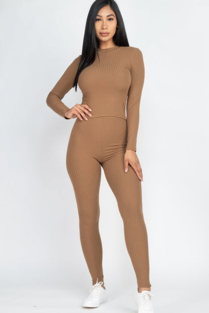 Ribbed Mock Neck Long Sleeve Top &amp; Leggings Set