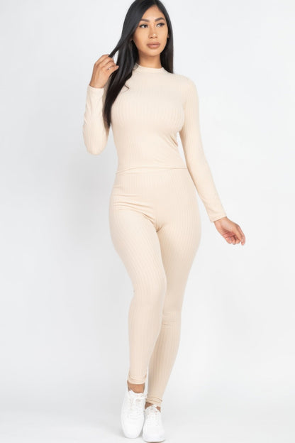 Ribbed Mock Neck Long Sleeve Top &amp; Leggings Set