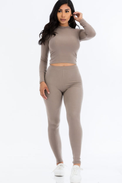 Ribbed Mock Neck Long Sleeve Top &amp; Leggings Set