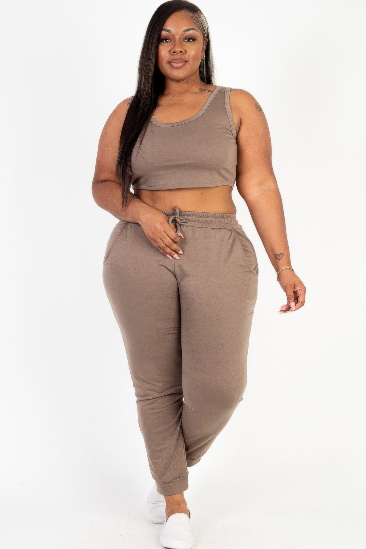 Plus Size French Terry Cropped Tank Top &amp; Joggers Set
