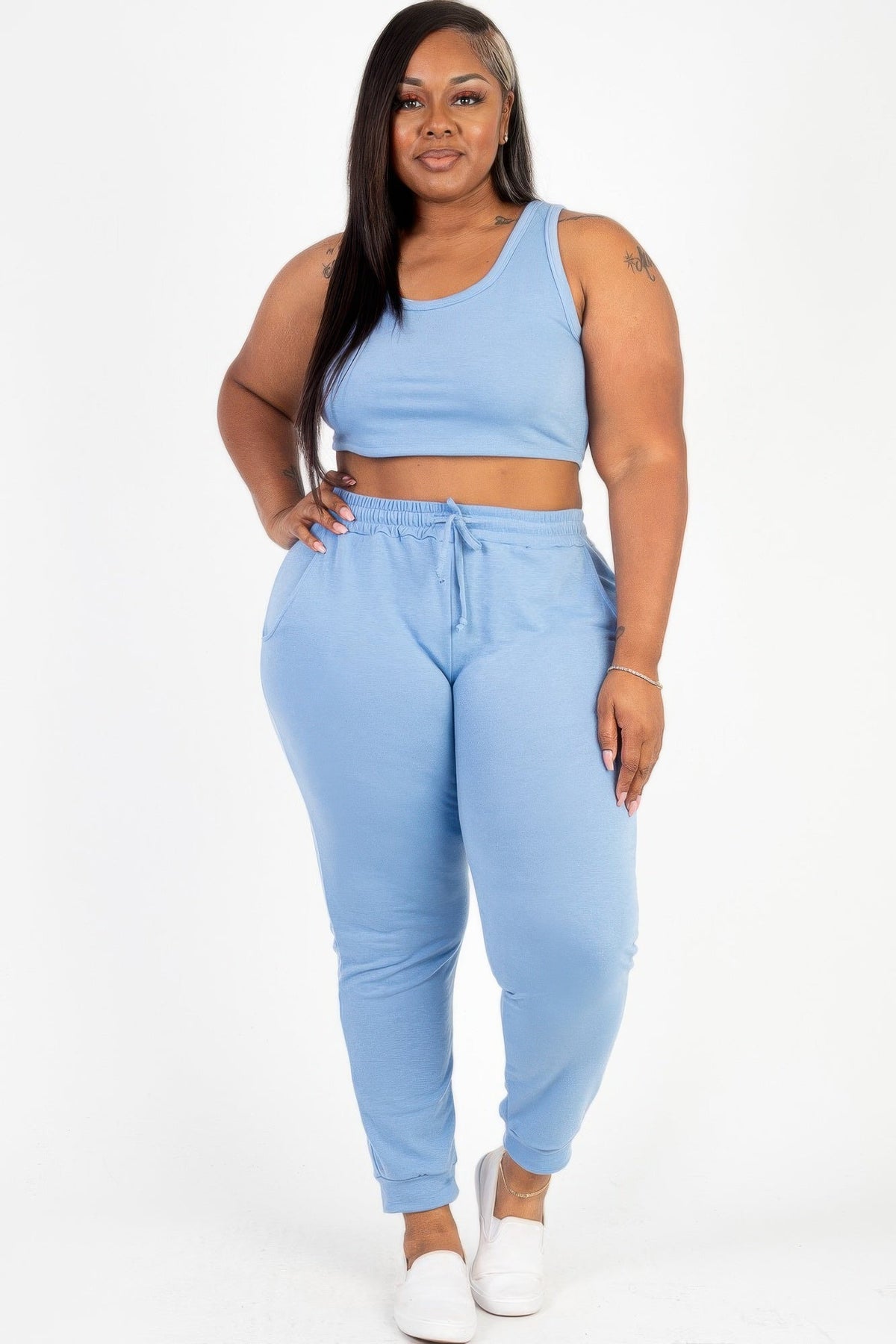 Plus Size French Terry Cropped Tank Top &amp; Joggers Set