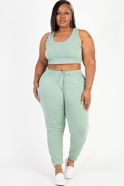 Plus Size French Terry Cropped Tank Top &amp; Joggers Set