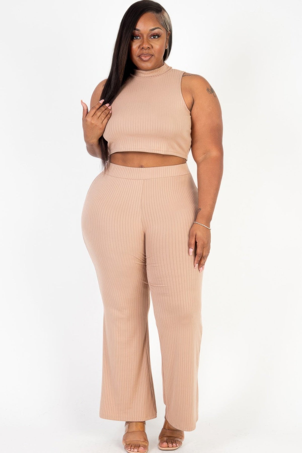 Plus Size Ribbed Mock Neck Crop Tank Top&amp; Bootcut Pants Set