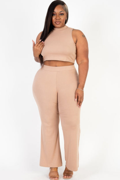 Plus Size Ribbed Mock Neck Crop Tank Top&amp; Bootcut Pants Set