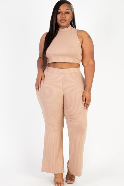 Plus Size Ribbed Mock Neck Crop Tank Top&amp; Bootcut Pants Set