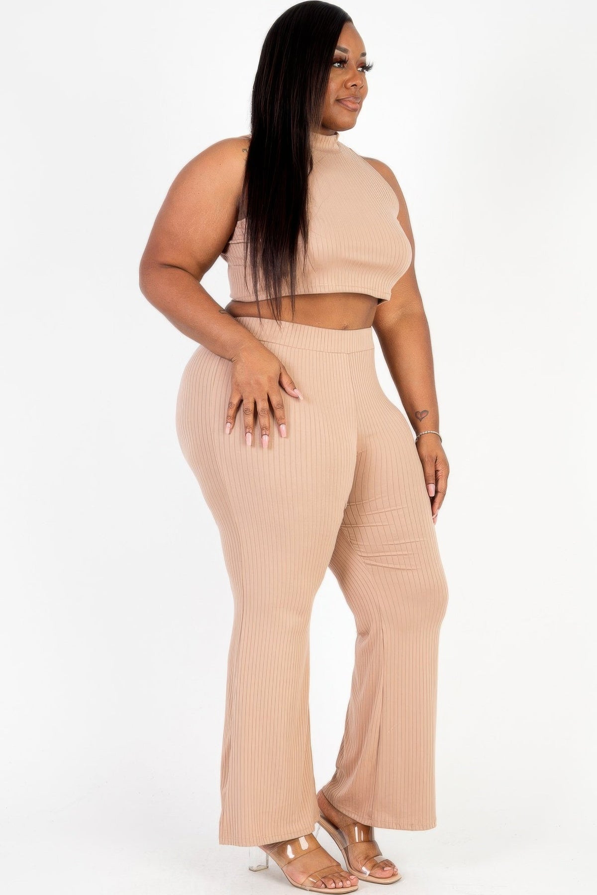 Plus Size Ribbed Mock Neck Crop Tank Top&amp; Bootcut Pants Set