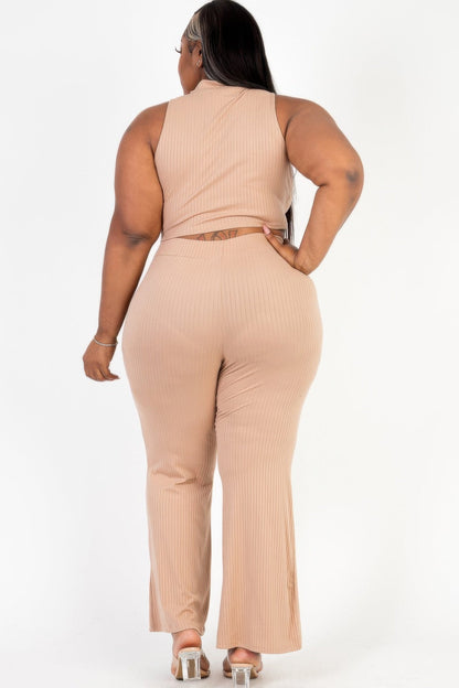 Plus Size Ribbed Mock Neck Crop Tank Top&amp; Bootcut Pants Set