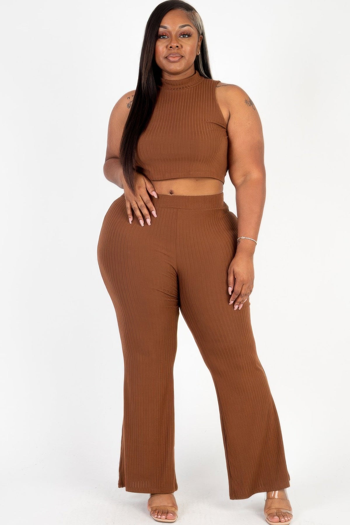 Plus Size Ribbed Mock Neck Crop Tank Top&amp; Bootcut Pants Set