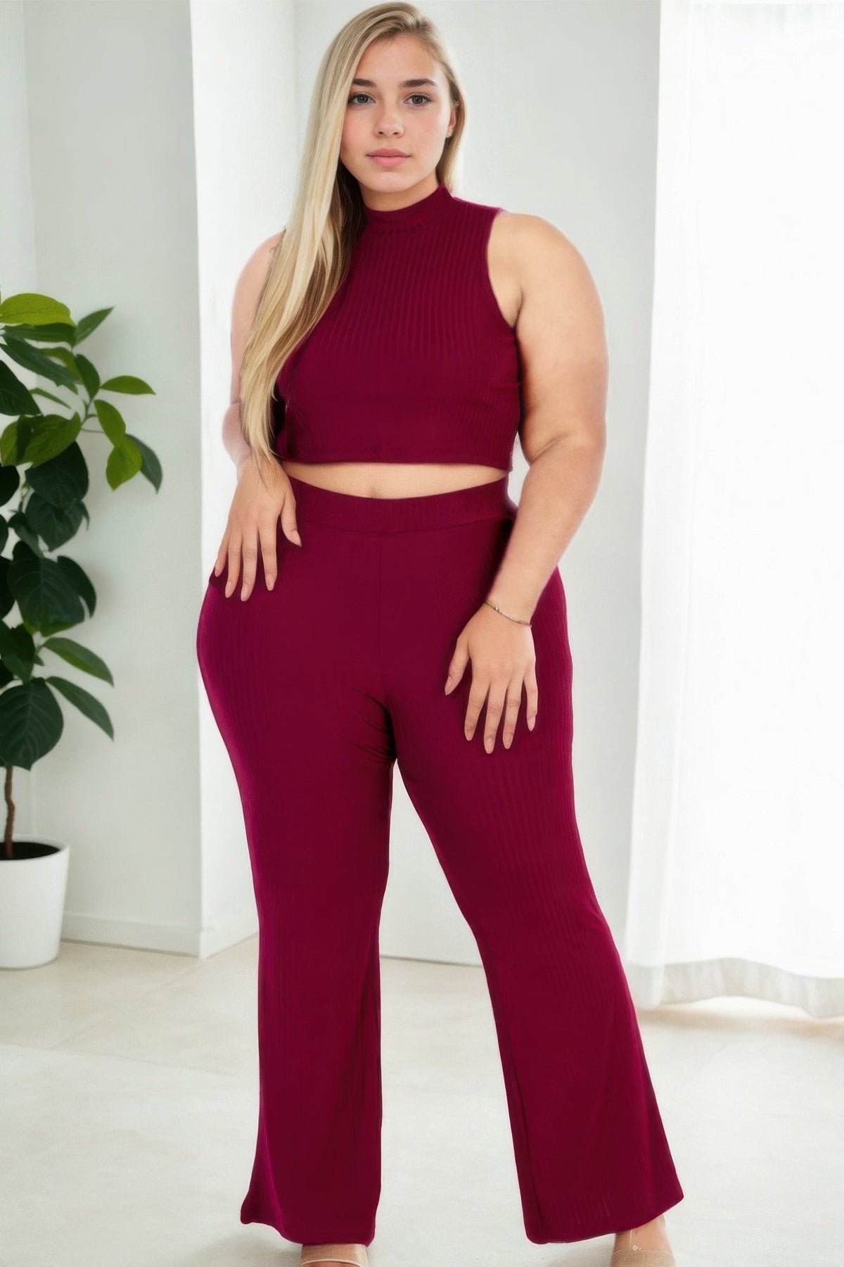 Plus Size Ribbed Mock Neck Crop Tank Top&amp; Bootcut Pants Set