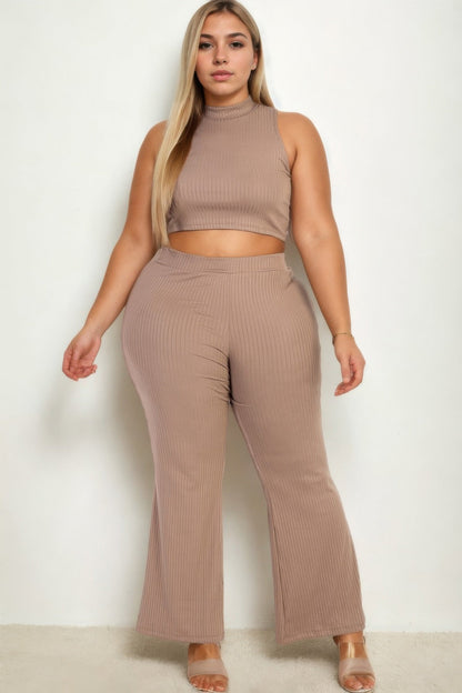 Plus Size Ribbed Mock Neck Crop Tank Top&amp; Bootcut Pants Set