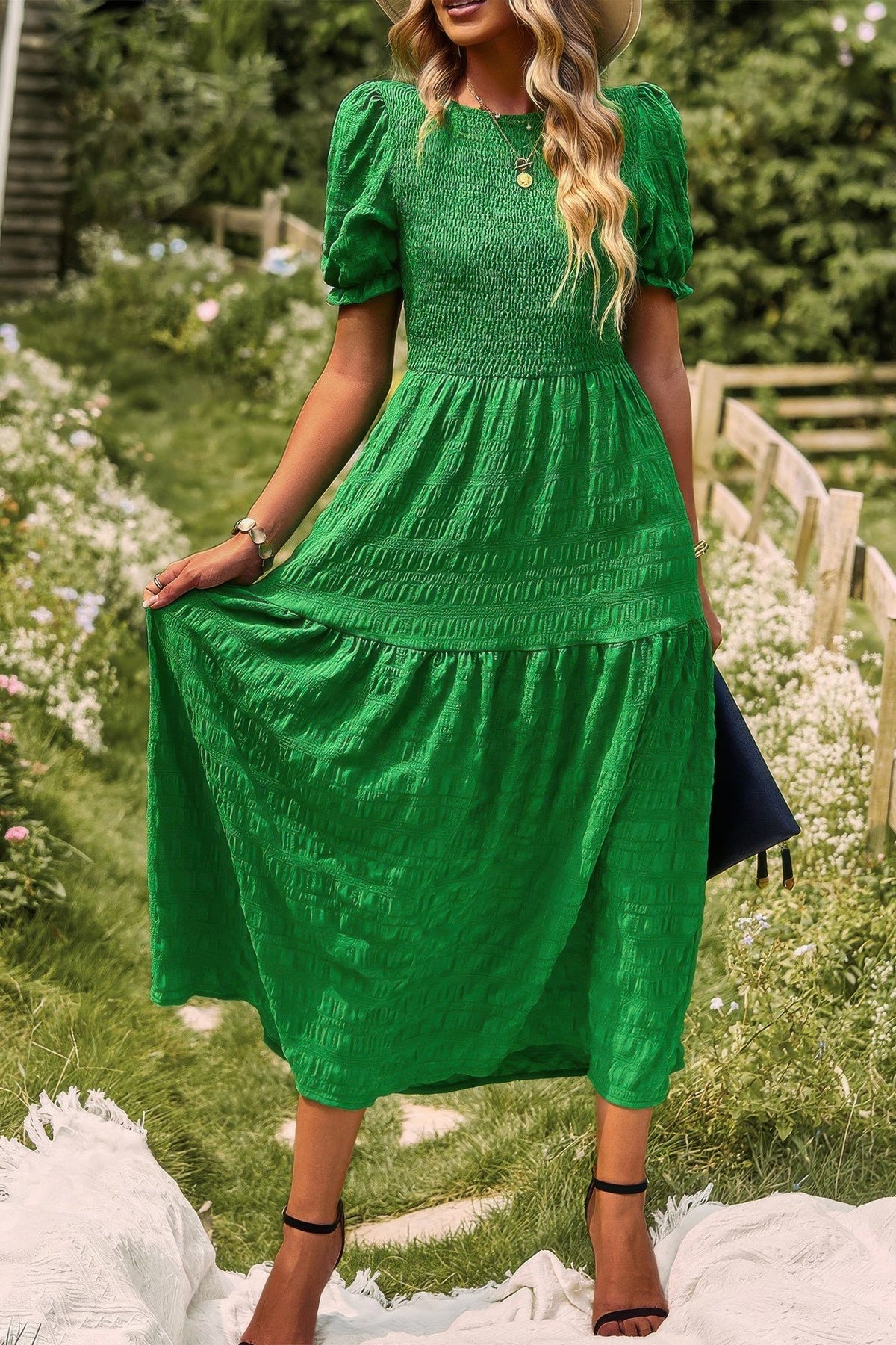 Pleated Tiered Solid Short Puff Sleeve A Line Dres