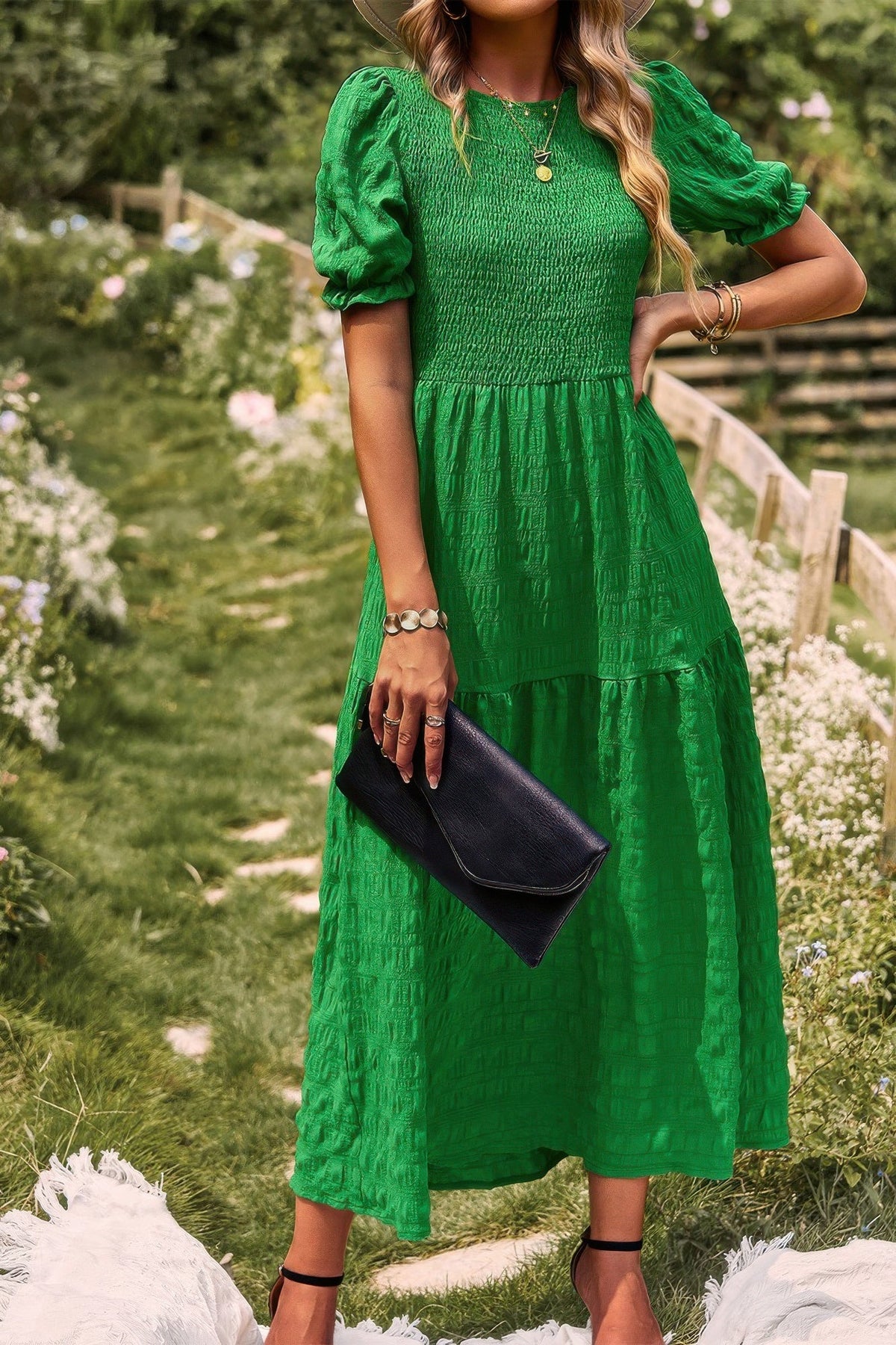 Pleated Tiered Solid Short Puff Sleeve A Line Dres