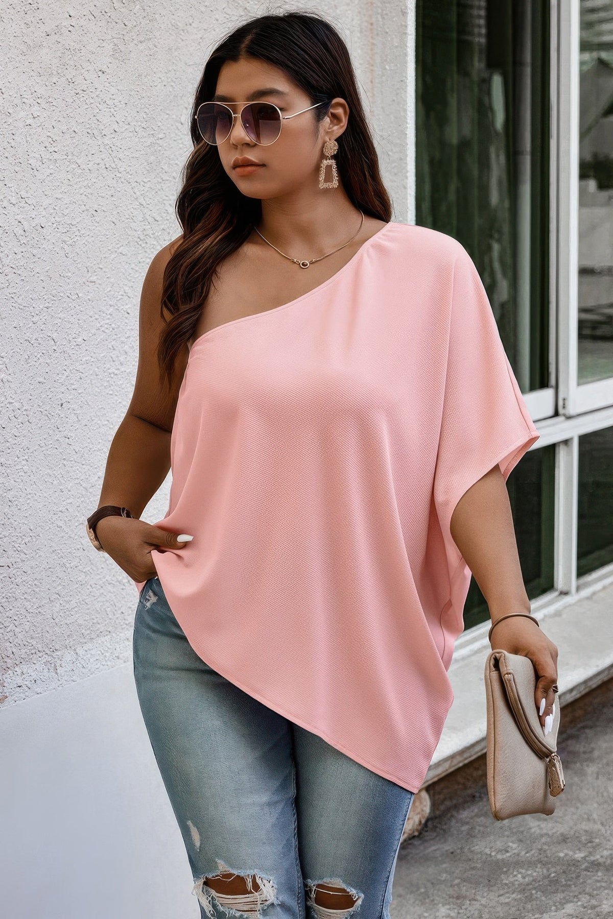 Plus One Shoulder Solid Casual Loose Fit Shirt
